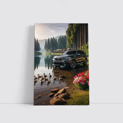 BMW X5 Parked Beside Serene Forest Lake