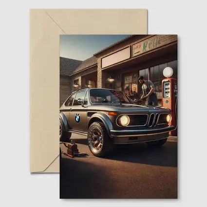 BMW 2002 Classic Vintage Gas Station Scene