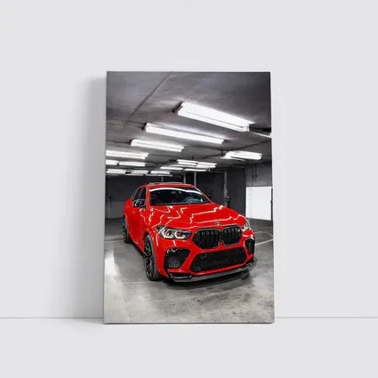 Red BMW X6 M Parked Indoor Garage