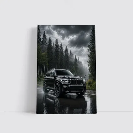 BMW X7 Black SUV Rainy Forest Road