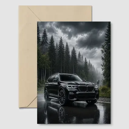 BMW X7 Black SUV Rainy Forest Road