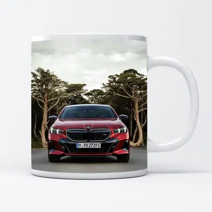 BMW i5 M60 Red Sedan Forest Road