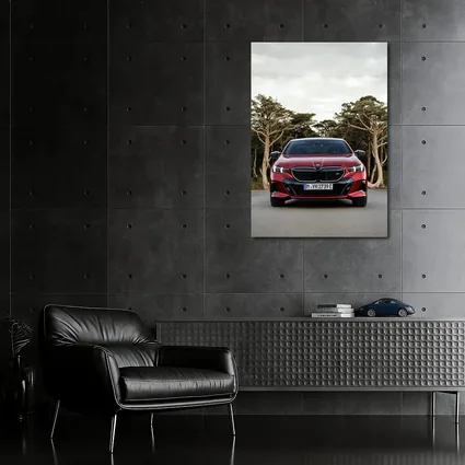 BMW i5 M60 Red Sedan Forest Road
