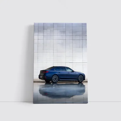 BMW i7 Blue Sedan Against Silver Wall