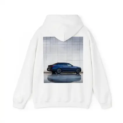 BMW i7 Blue Sedan Against Silver Wall