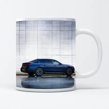 BMW i7 Blue Sedan Against Silver Wall
