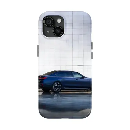 BMW i7 Blue Sedan Against Silver Wall