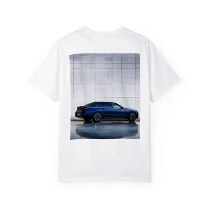 BMW i7 Blue Sedan Against Silver Wall