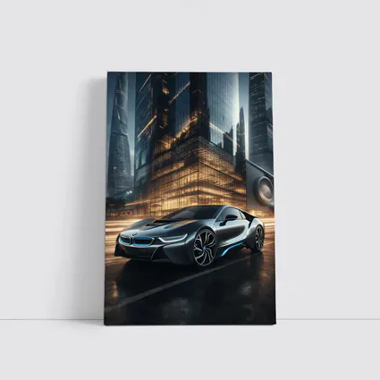 BMW i8 Parked Outside Futuristic Glass Skyscraper