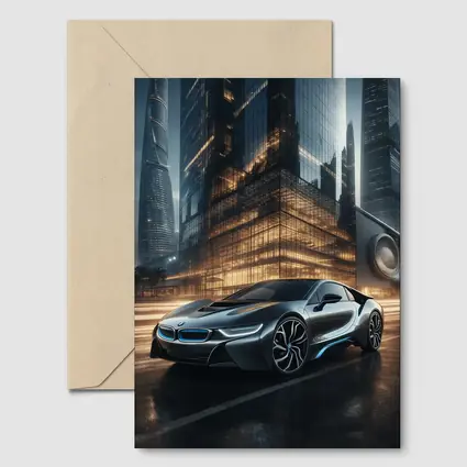 BMW i8 Parked Outside Futuristic Glass Skyscraper