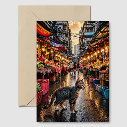 Tabby Cat Bangkok Street Market Sunset