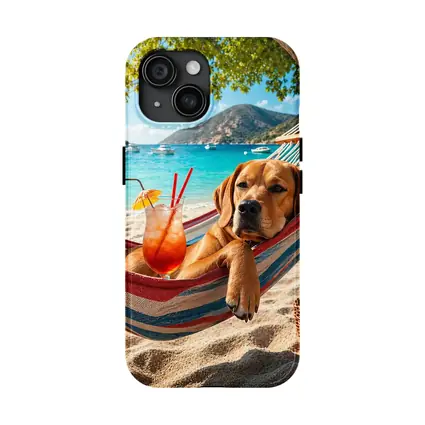 Labrador Relaxing in Beach Hammock with Cocktail