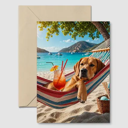 Labrador Relaxing in Beach Hammock with Cocktail