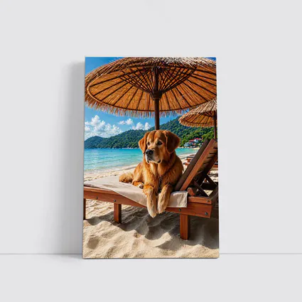 Golden Retriever Relaxing on Beach Sunbed
