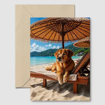Golden Retriever Relaxing on Beach Sunbed