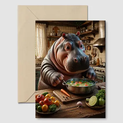 Hippo Chef Cooking Vegetable Soup Rustic Kitchen