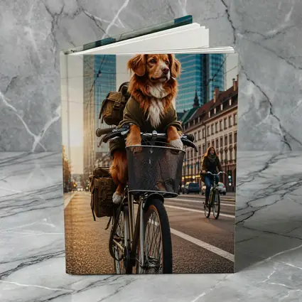 Golden Dog Riding Bicycle City Street