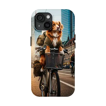 Golden Dog Riding Bicycle City Street