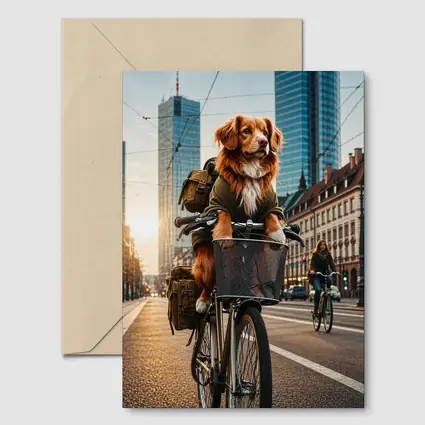 Golden Dog Riding Bicycle City Street