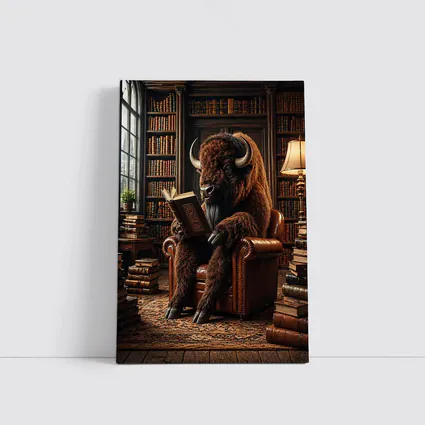Bison Reading Book in Cozy Library