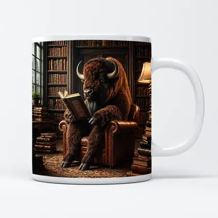 Bison Reading Book in Cozy Library