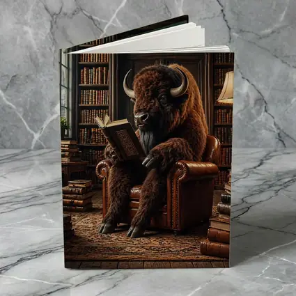 Bison Reading Book in Cozy Library