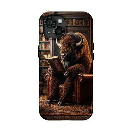 Bison Reading Book in Cozy Library