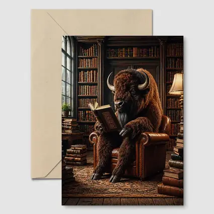 Bison Reading Book in Cozy Library