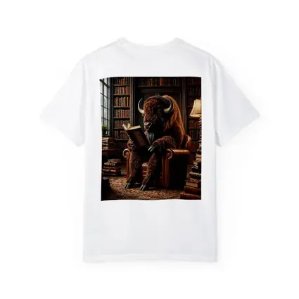 Bison Reading Book in Cozy Library