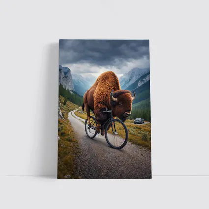 Bison Riding Bicycle on Mountain Road