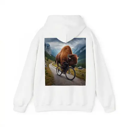 Bison Riding Bicycle on Mountain Road