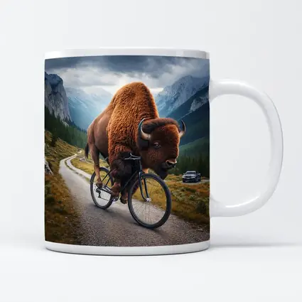 Bison Riding Bicycle on Mountain Road