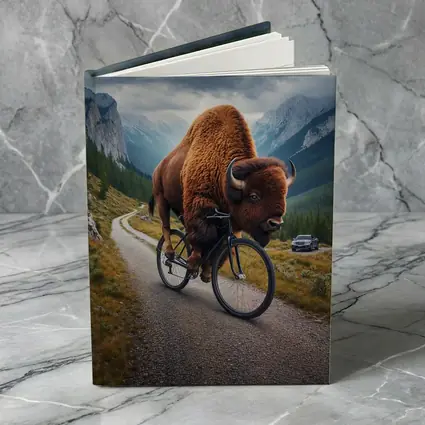 Bison Riding Bicycle on Mountain Road
