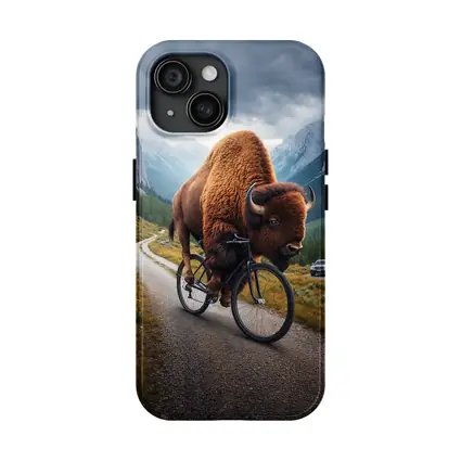 Bison Riding Bicycle on Mountain Road