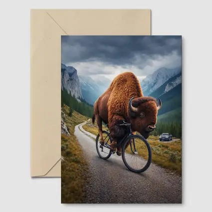Bison Riding Bicycle on Mountain Road