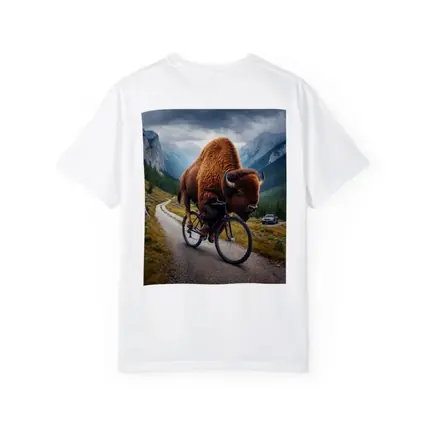 Bison Riding Bicycle on Mountain Road