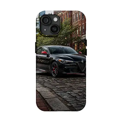Alfa Romeo Giulia Black on Cobblestone Street