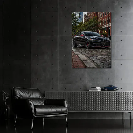 Alfa Romeo Giulia Black on Cobblestone Street