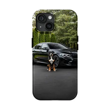Black BMW M5 Sedan With Dog