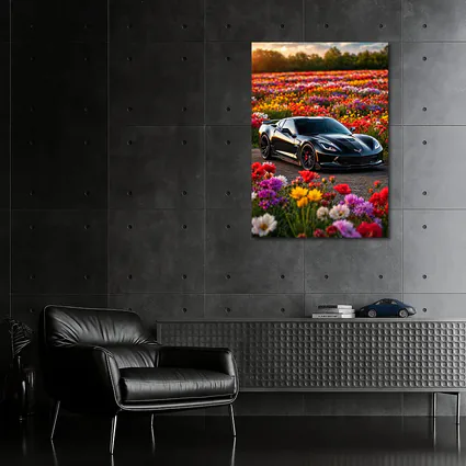 Black Chevrolet Corvette Parked Among Colorful Flowers