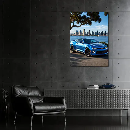 Blue Chevrolet Camaro City Waterfront Scene
