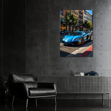 Blue Lamborghini Aventador City Street Scene
