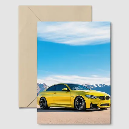 BMW M4 Yellow Parked Mountain Skyline