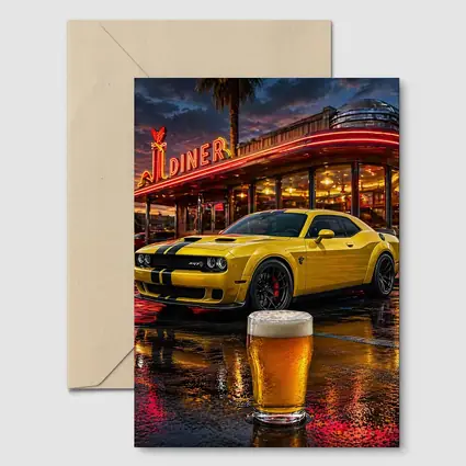 Yellow Dodge Challenger SRT Hellcat Retro Diner