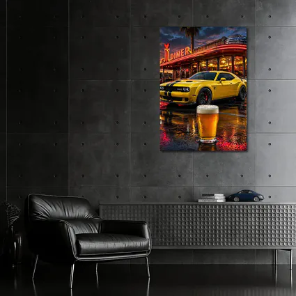 Yellow Dodge Challenger SRT Hellcat Retro Diner