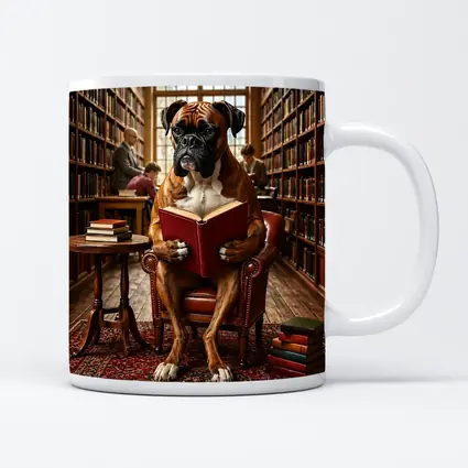 Boxer Dog Reading Book In Library