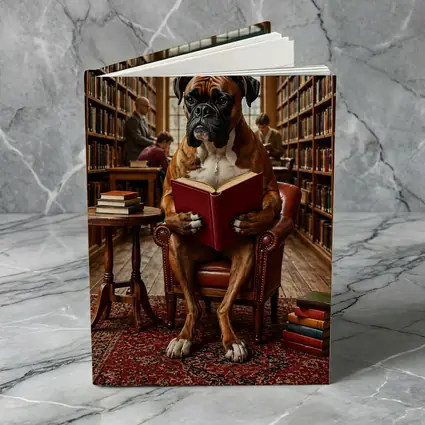 Boxer Dog Reading Book In Library