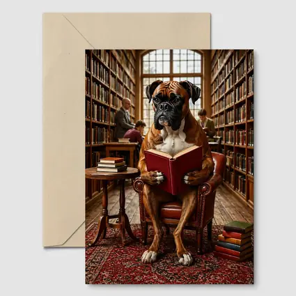 Boxer Dog Reading Book In Library