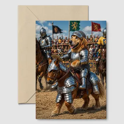 Golden Retriever Knight Riding Horse Tournament