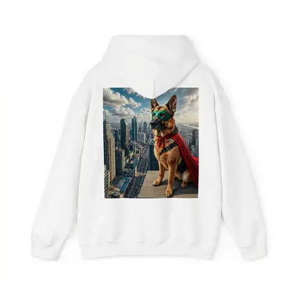 German Shepherd Superhero Cape City Skyline